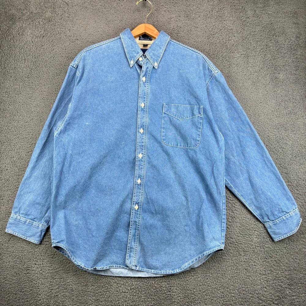 American Blue Denim Button Down Shirt Mens Large Blue Long Sleeve 100% Cotton